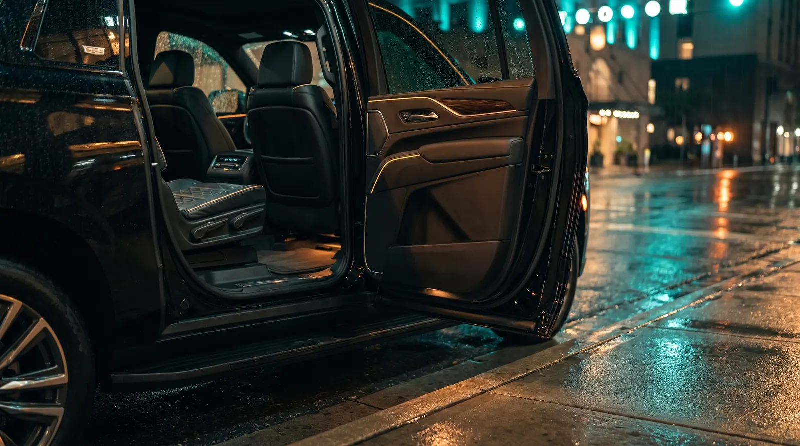 A chauffeur's hand opening the rear door of a black SUV at a hotel entrance at night